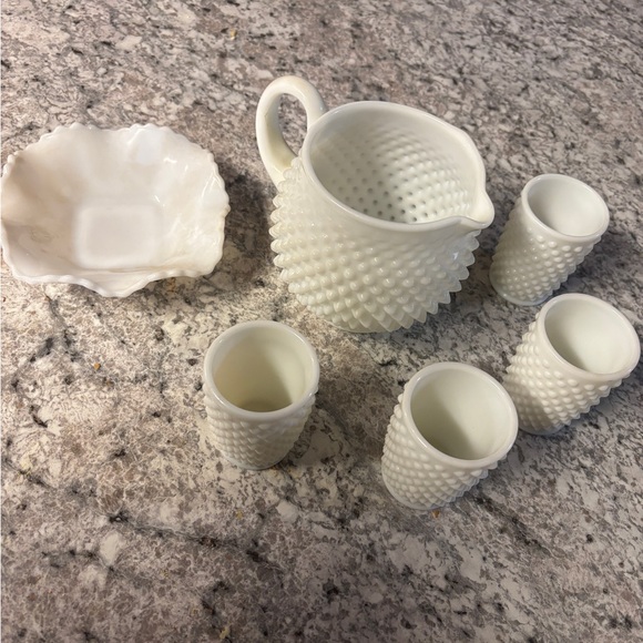 Fenton White Hobnail Milk Glass Pitcher and Tumblers Set and candy dish - Picture 2 of 3